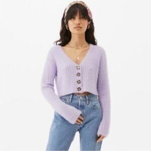 Urban Outfitters Lavender Cropped Mohair-Blend Button Cardigan